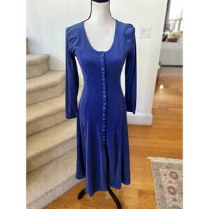Vintage 90s Blue Velvet Button Front Long Sleeve Midi Dress Whimsygoth